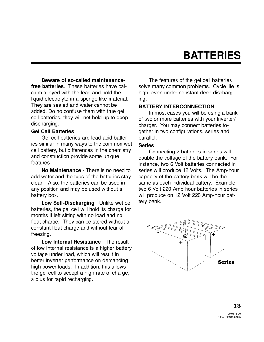 Xantrex Technology 2000, 2500 owner manual Battery Interconnection, Series 