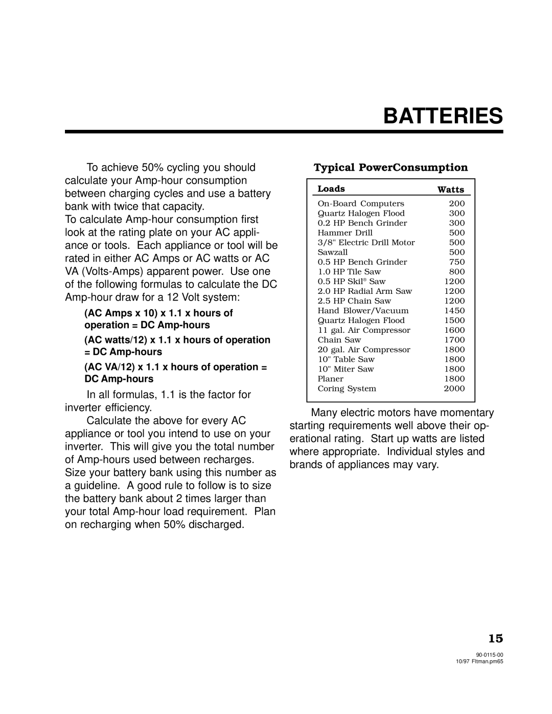 Xantrex Technology 2000, 2500 owner manual Typical PowerConsumption 