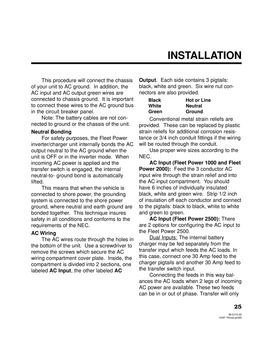 Xantrex Technology 2000, 2500 owner manual Neutral Bonding, AC Wiring 