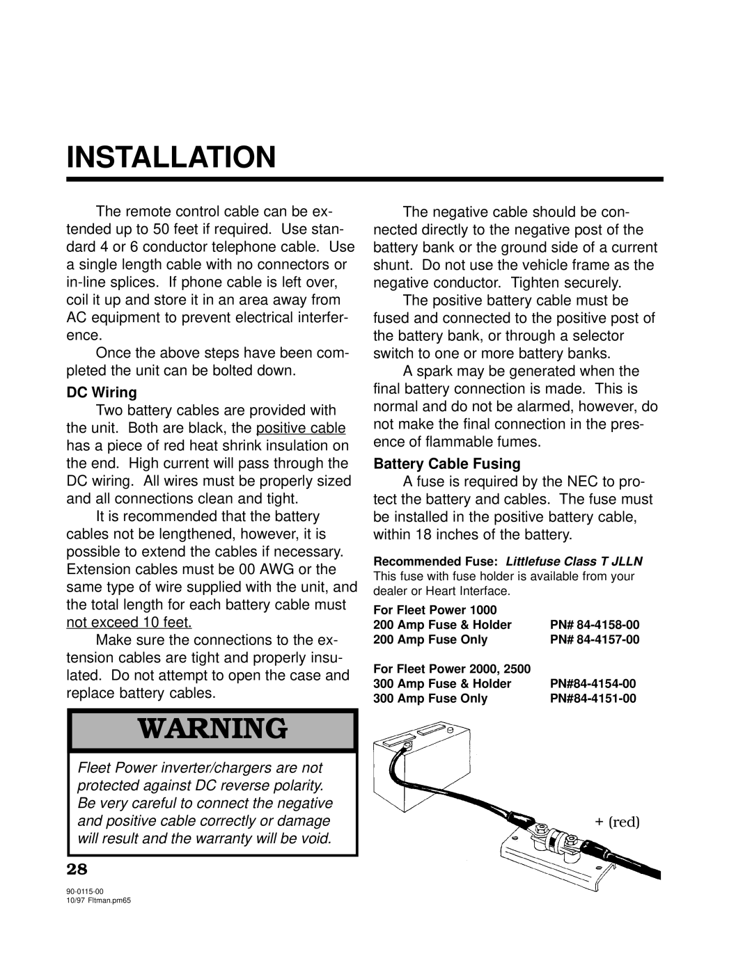 Xantrex Technology 2500, 2000 owner manual DC Wiring, Battery Cable Fusing 