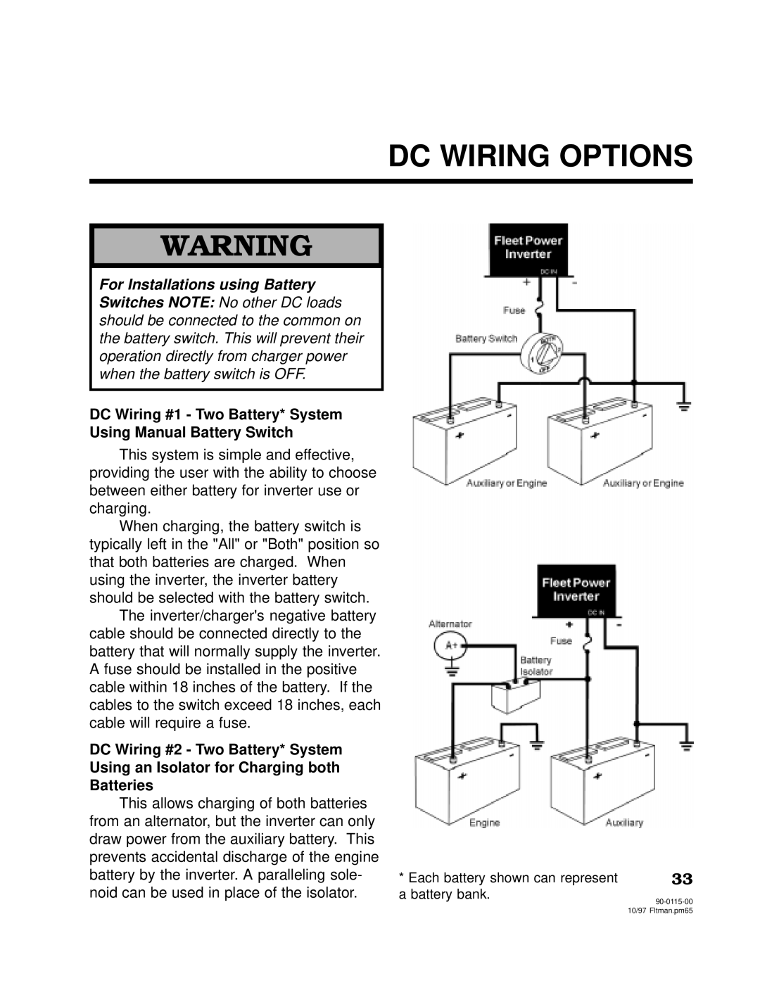 Xantrex Technology 2000, 2500 owner manual DC Wiring Options, DC Wiring #1 Two Battery* System Using Manual Battery Switch 