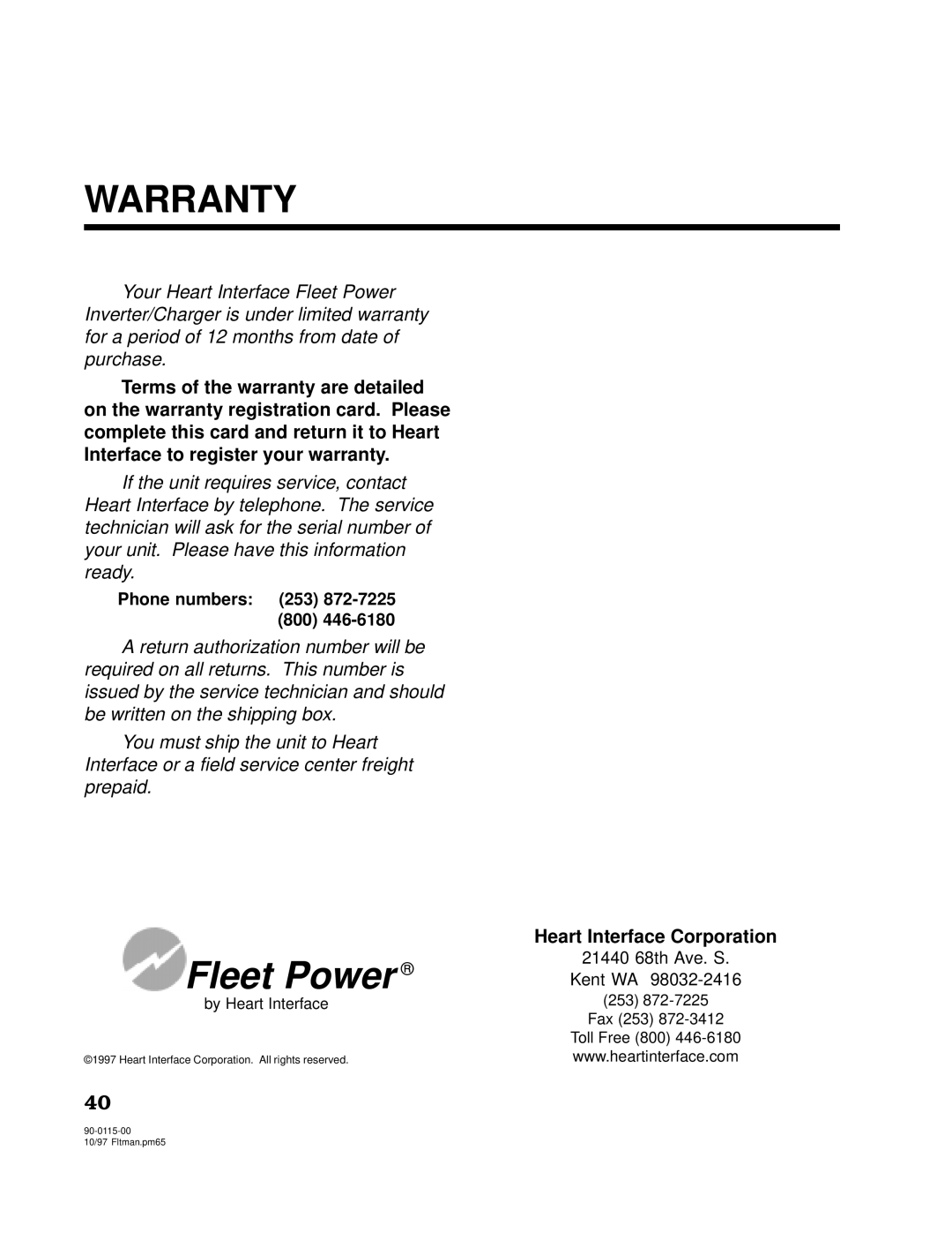 Xantrex Technology 2500, 2000 owner manual Warranty, Heart Interface Corporation 