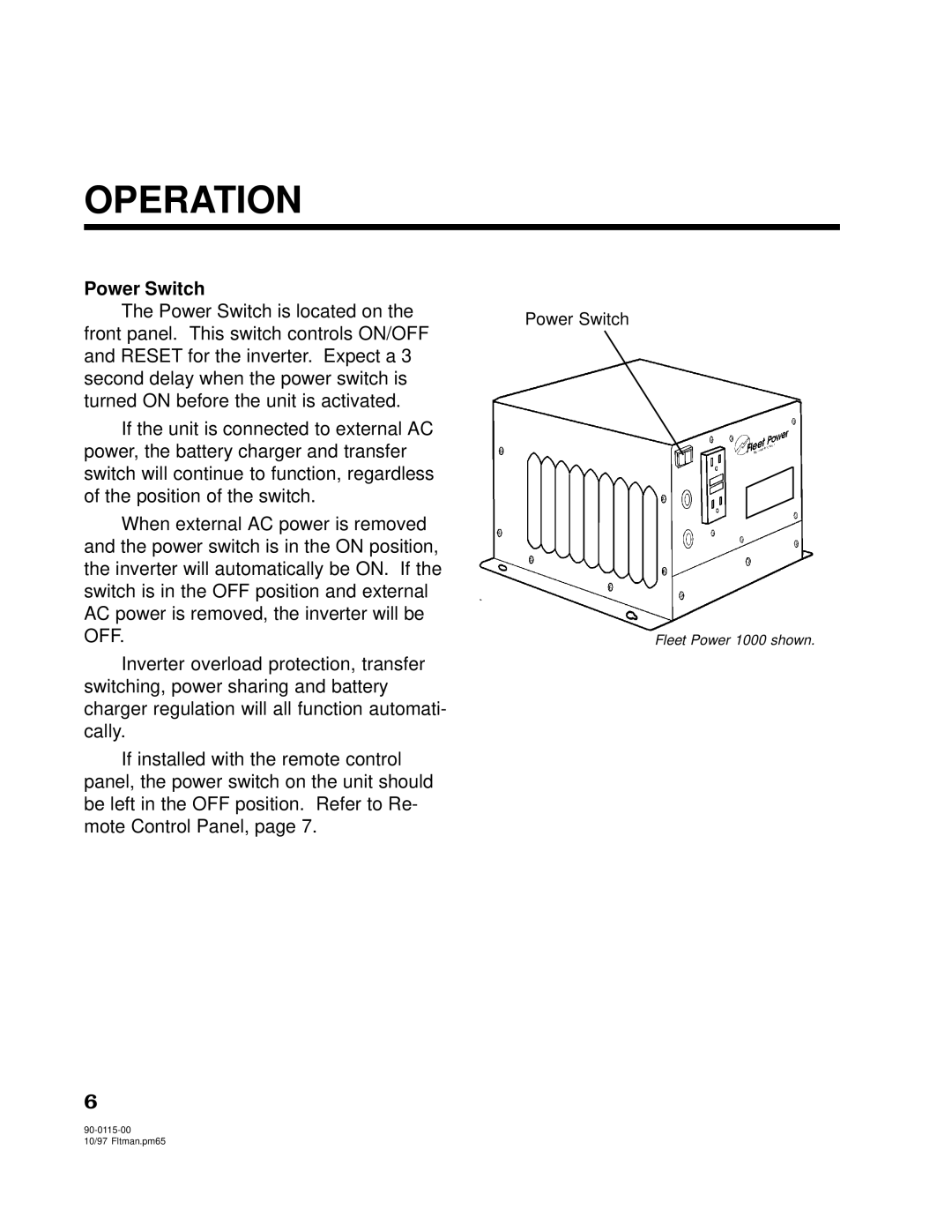 Xantrex Technology 2500, 2000 owner manual Operation, Power Switch 