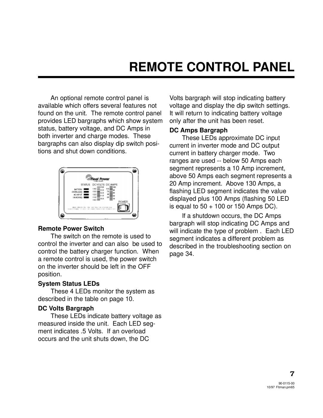 Xantrex Technology 2000 Remote Control Panel, Remote Power Switch, System Status LEDs, DC Volts Bargraph, DC Amps Bargraph 