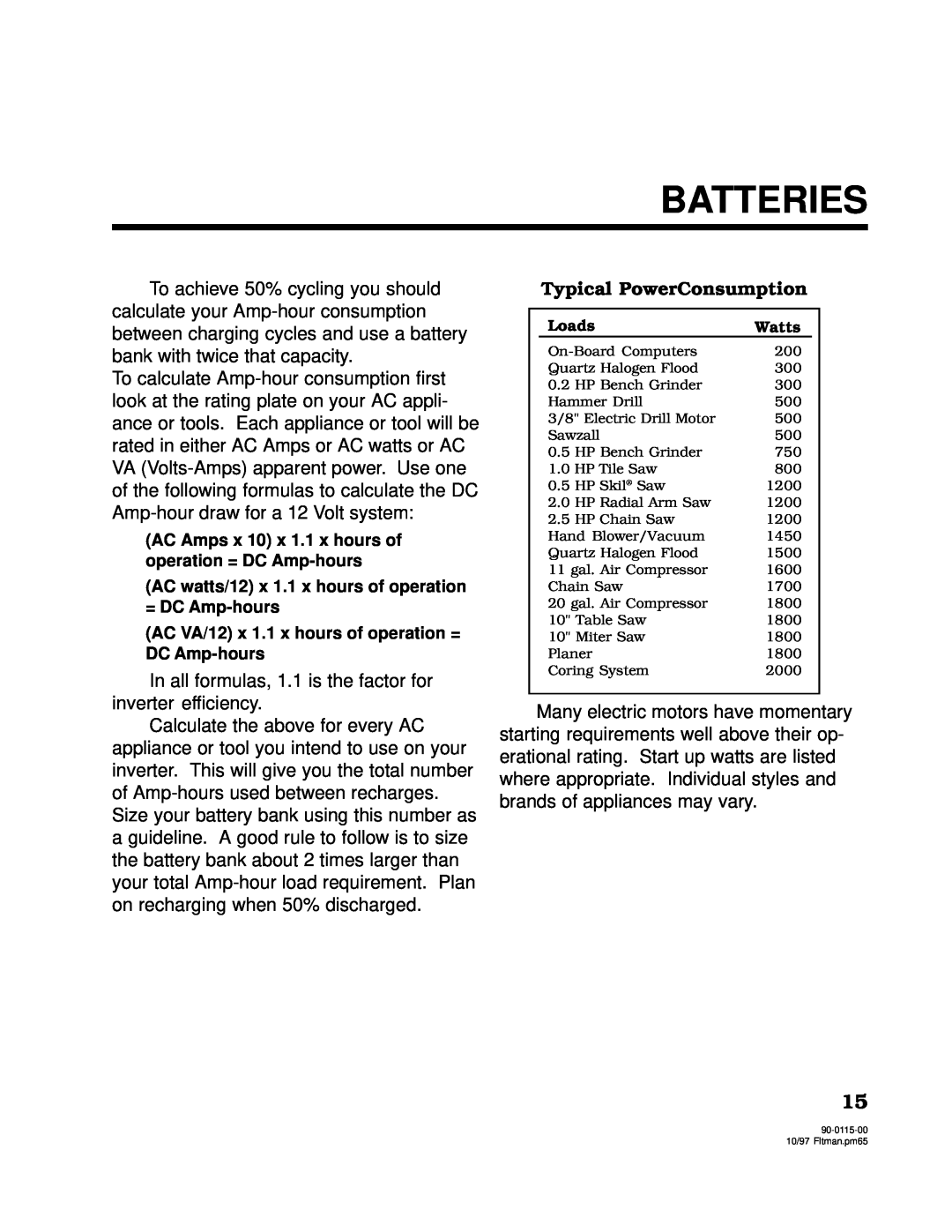 Xantrex Technology 2000, 2500 owner manual Typical PowerConsumption, Batteries, Loads, Watts 