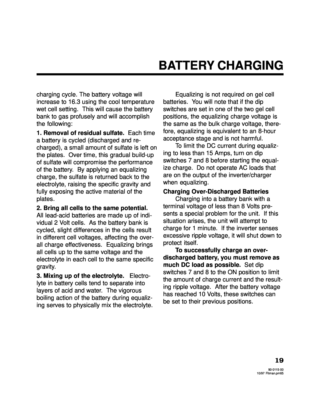 Xantrex Technology 2000, 2500 owner manual Battery Charging, Bring all cells to the same potential 