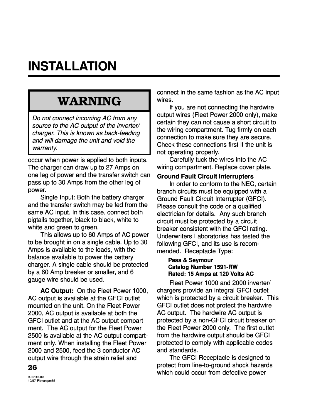 Xantrex Technology 2500, 2000 owner manual Installation, Ground Fault Circuit Interrupters 
