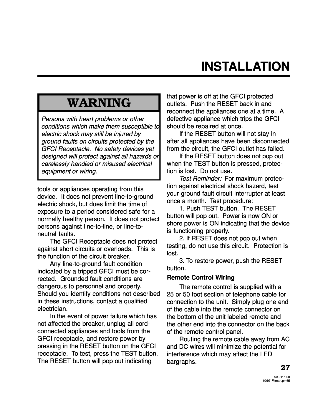 Xantrex Technology 2000, 2500 owner manual Installation, To restore power, push the RESET button 