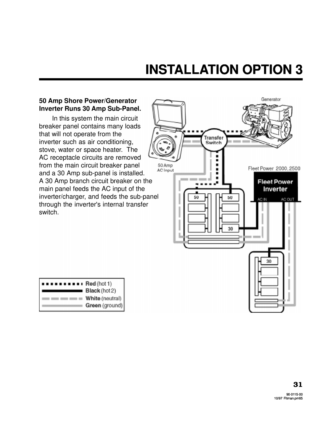 Xantrex Technology 2000, 2500 owner manual Installation Option, Amp Shore Power/Generator, Inverter Runs 30 Amp Sub-Panel 