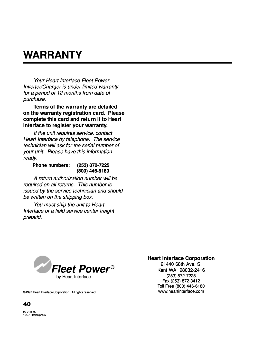 Xantrex Technology 2500, 2000 owner manual Warranty, You must ship the unit to Heart, Fleet Power 
