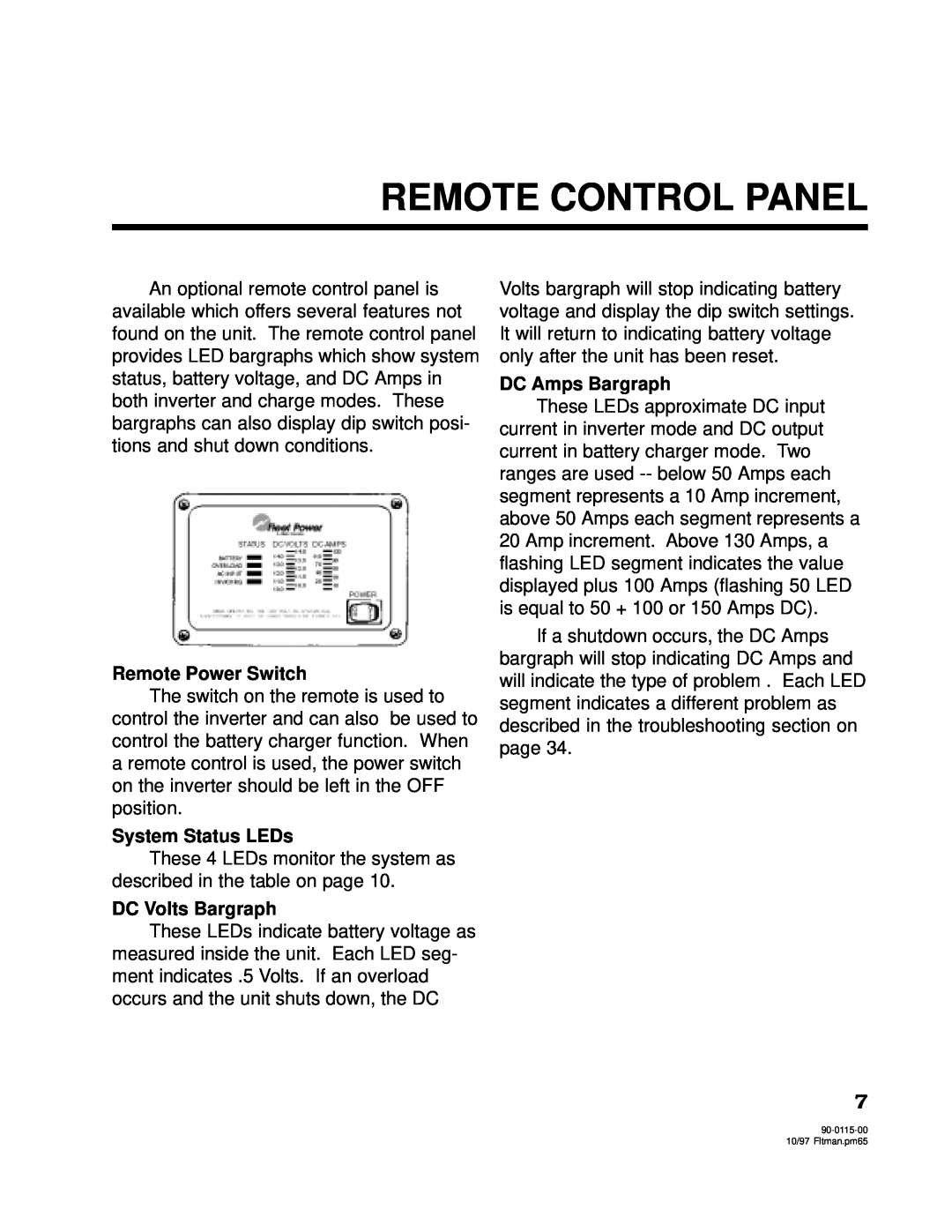 Xantrex Technology 2000 Remote Control Panel, Remote Power Switch, System Status LEDs, DC Volts Bargraph, DC Amps Bargraph 