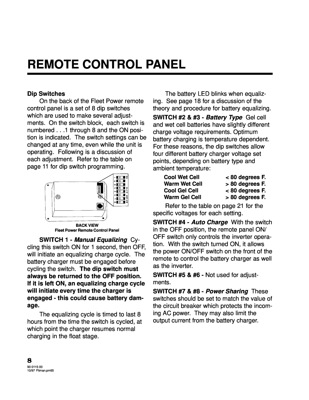 Xantrex Technology 2500, 2000 owner manual Remote Control Panel, Dip Switches 