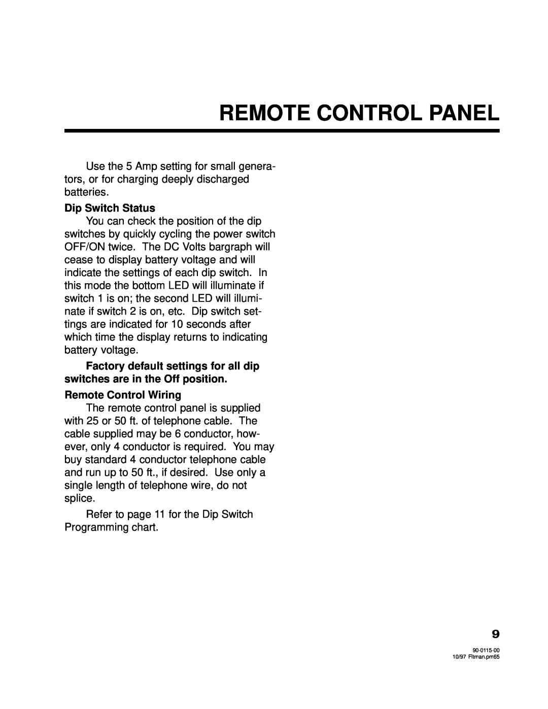 Xantrex Technology 2000, 2500 owner manual Remote Control Panel, Dip Switch Status, Remote Control Wiring 