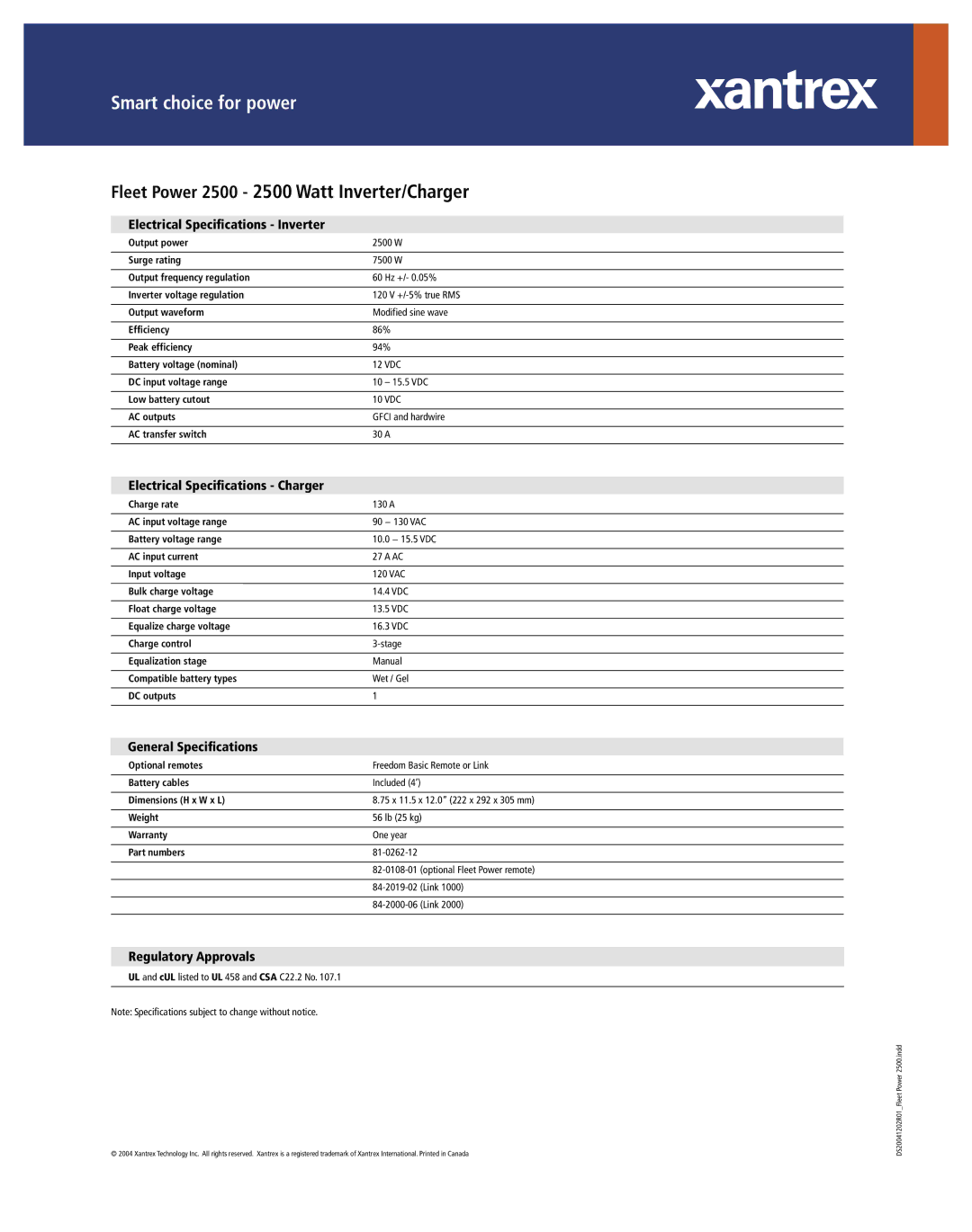 Xantrex Technology 2500 Smart choice for power, Electrical Specifications Inverter, Electrical Specifications Charger 