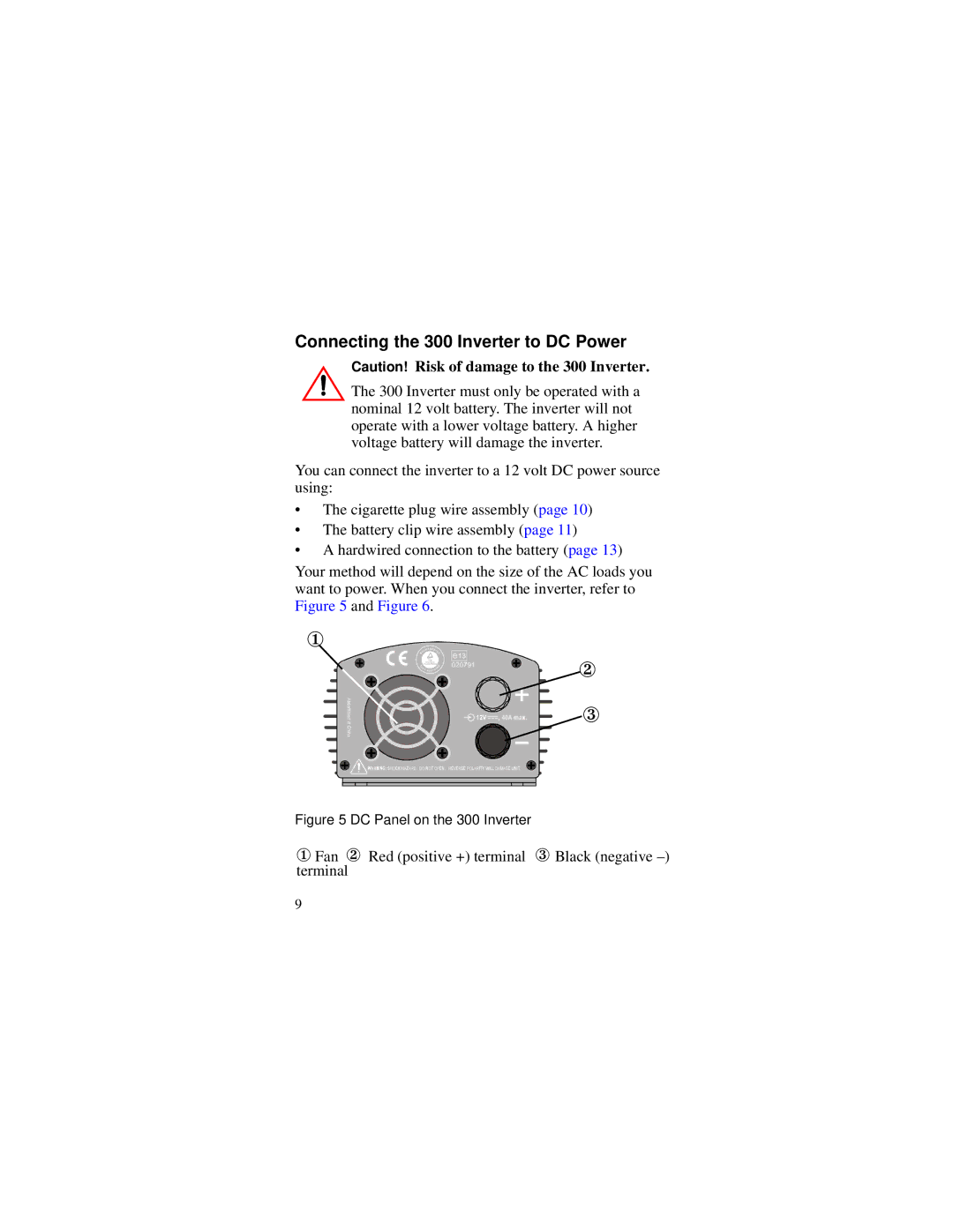 Xantrex Technology manual Connecting the 300 Inverter to DC Power, DC Panel on the 300 Inverter 