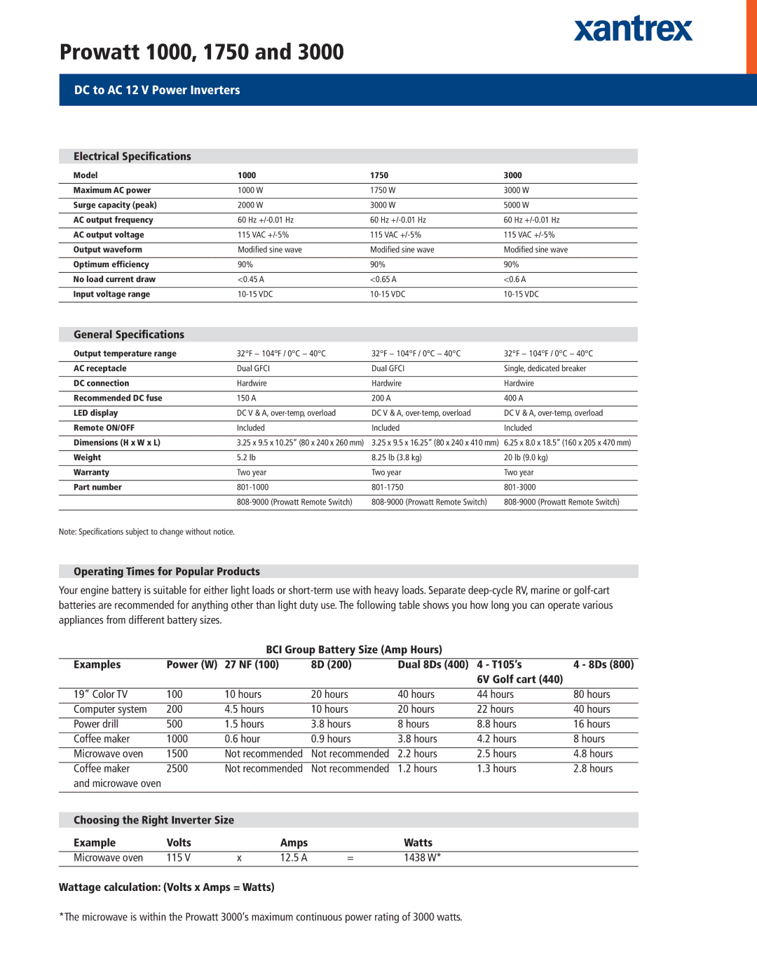 Xantrex Technology 1750, 3000 Electrical Specifications, General Specifications, Operating Times for Popular Products 