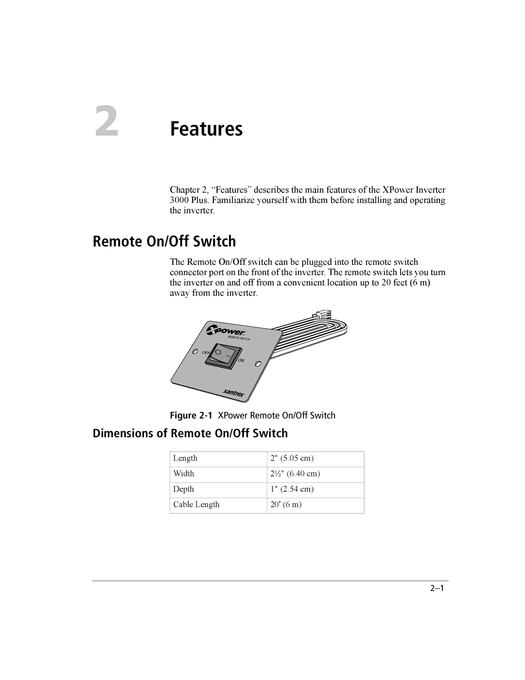 Xantrex Technology 3000 manual Features, Dimensions of Remote On/Off Switch 