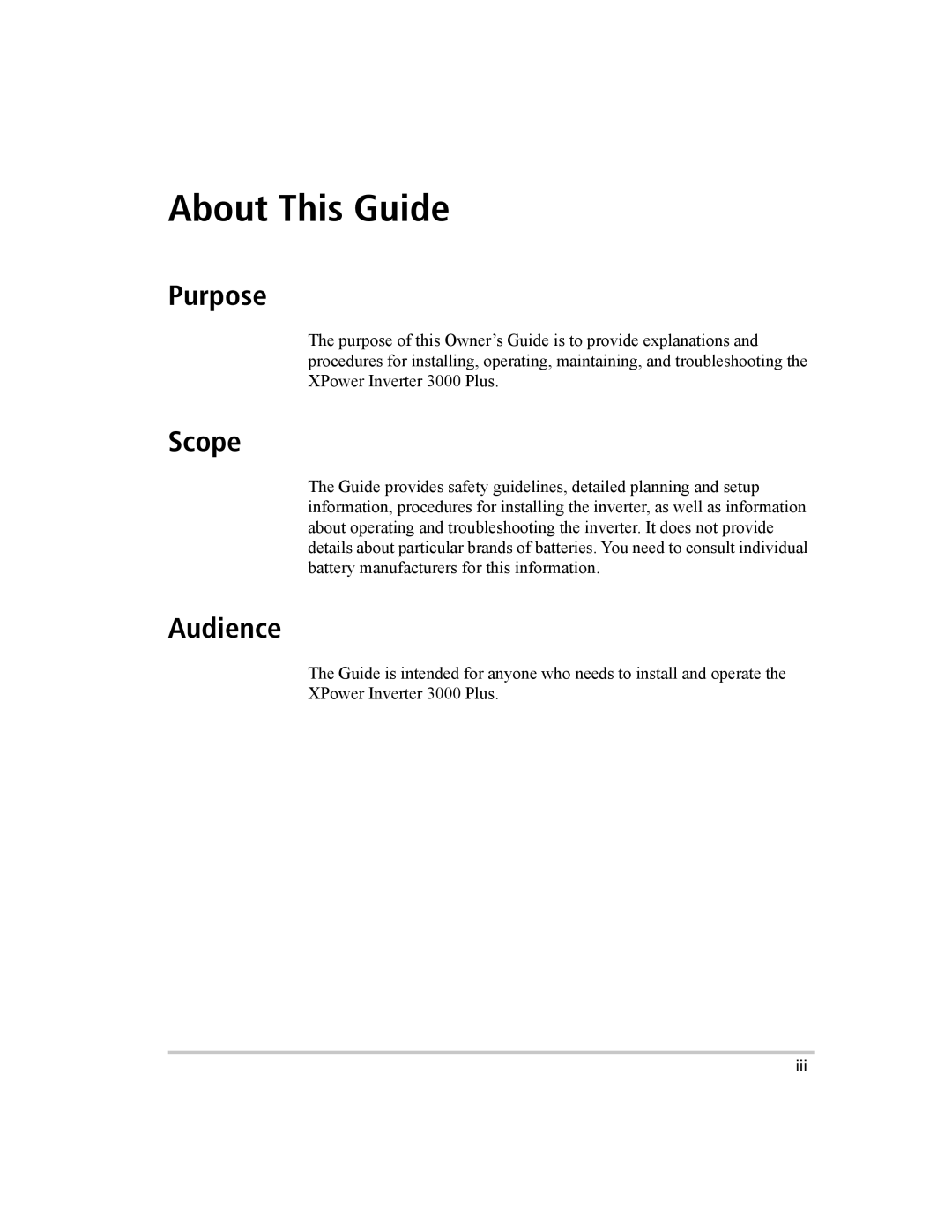 Xantrex Technology 3000 manual About This Guide, Purpose, Scope, Audience 