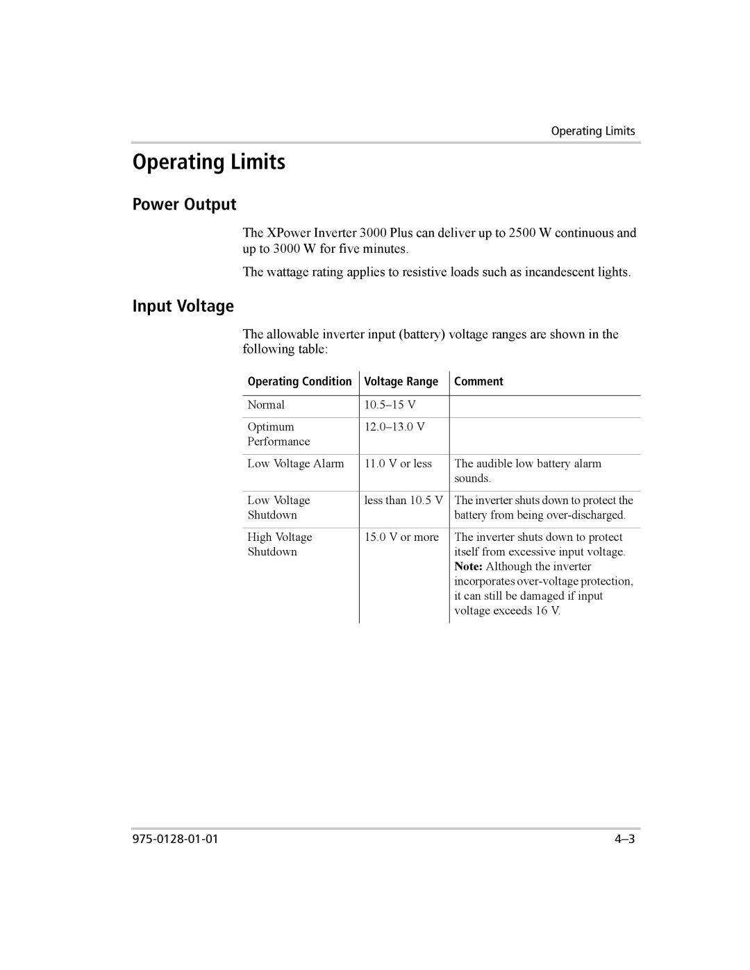 Xantrex Technology 3000 manual Operating Limits, Power Output, Input Voltage 