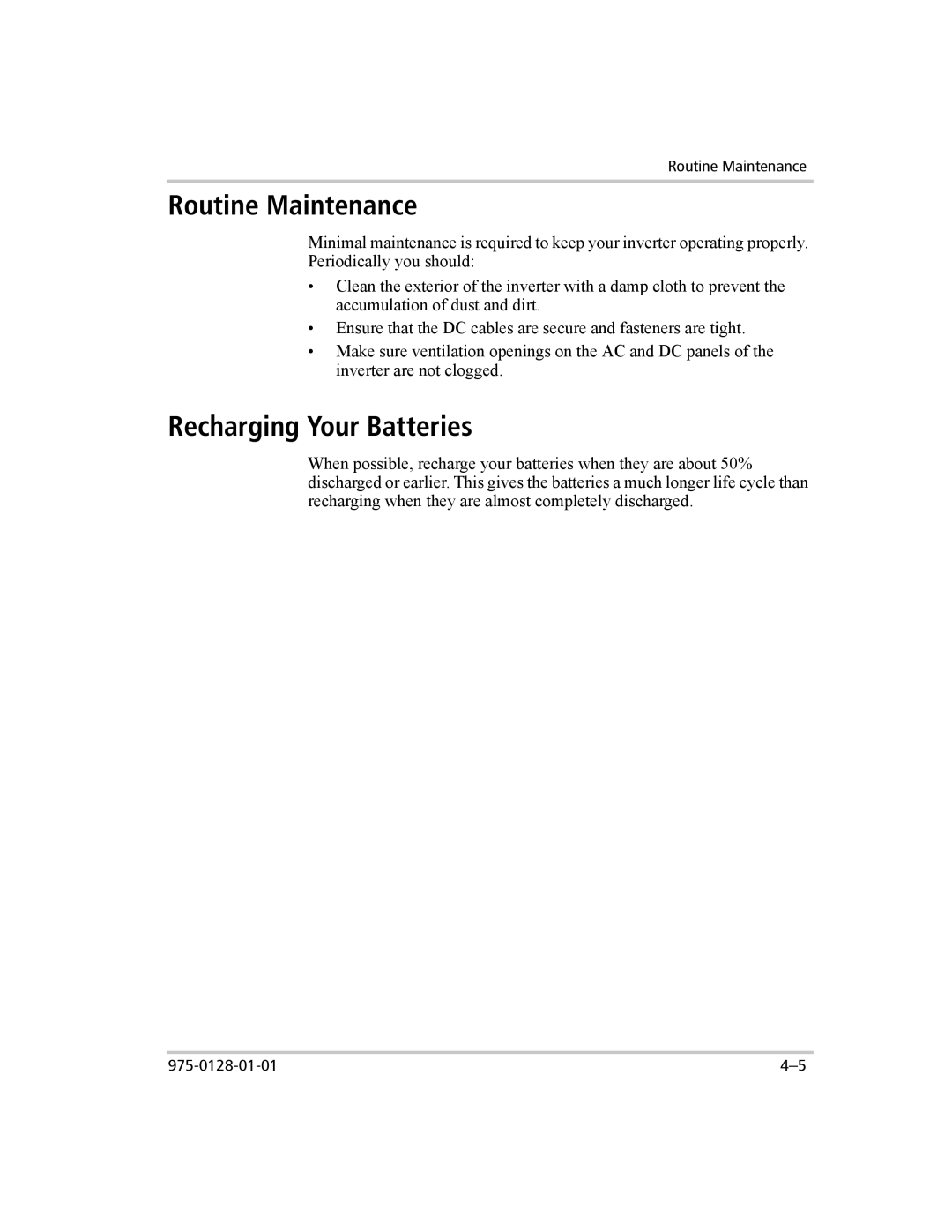 Xantrex Technology 3000 manual Routine Maintenance, Recharging Your Batteries 