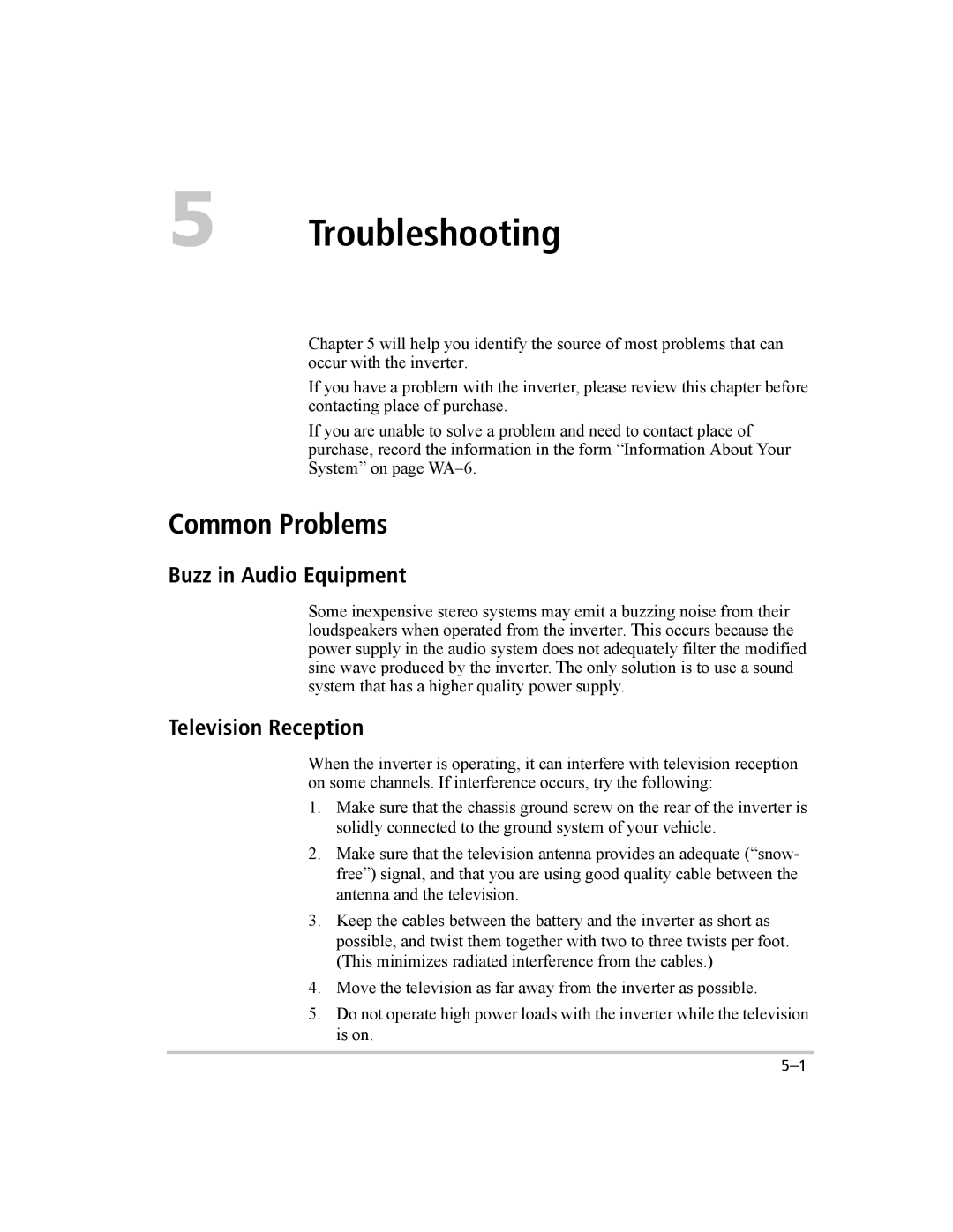 Xantrex Technology 3000 manual Troubleshooting, Common Problems, Buzz in Audio Equipment, Television Reception 