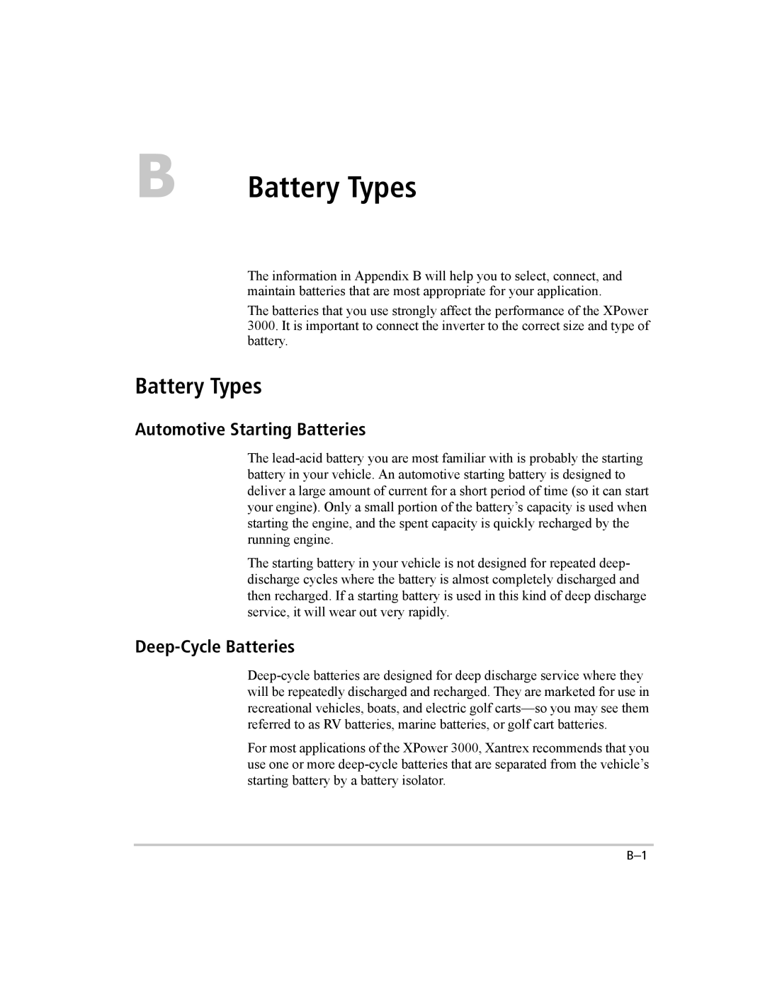 Xantrex Technology 3000 manual Battery Types, Automotive Starting Batteries, Deep-Cycle Batteries 