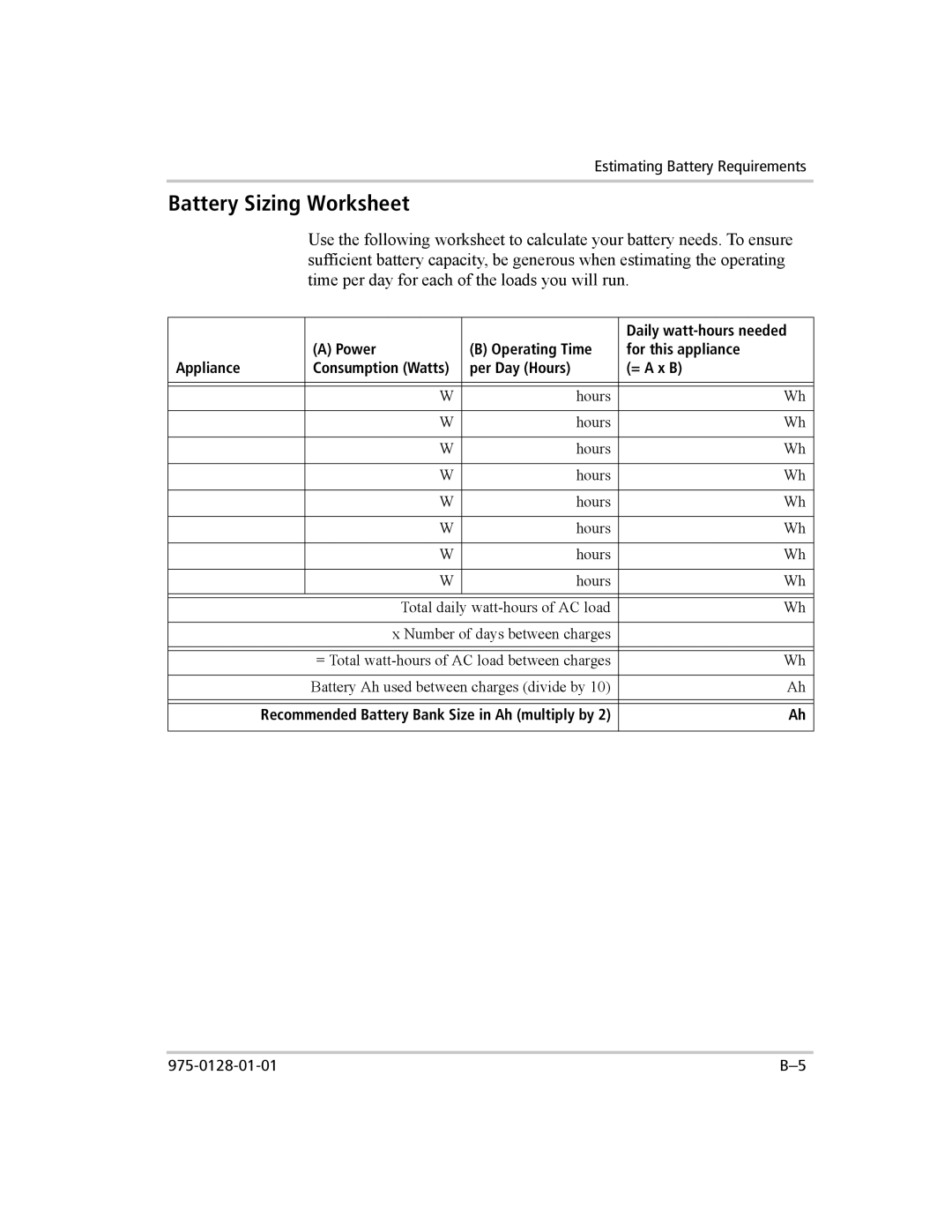 Xantrex Technology 3000 manual Battery Sizing Worksheet 