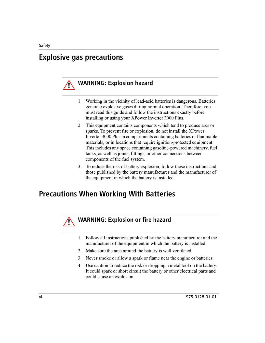 Xantrex Technology 3000 manual Explosive gas precautions, Precautions When Working With Batteries 