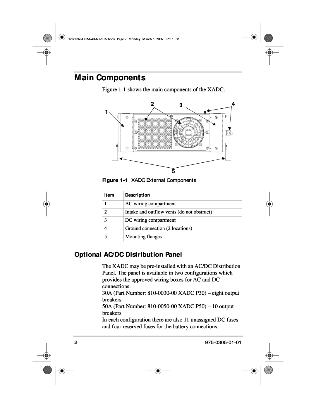 Xantrex Technology 40 A (XADC-40), 60 A (XADC-60), 80 A (XADC-80) manual Main Components, Optional AC/DC Distribution Panel 