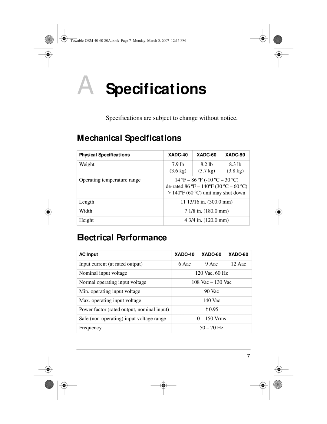 Xantrex Technology 80 A (XADC-80), 40 A (XADC-40), 60 A (XADC-60) manual Mechanical Specifications, Electrical Performance 