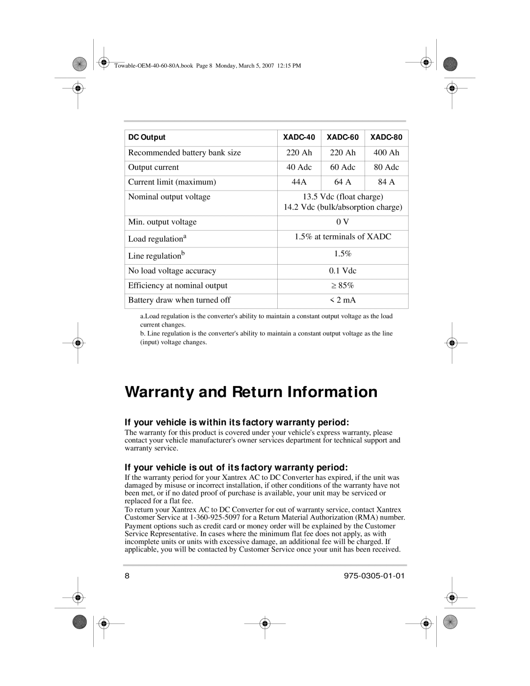 Xantrex Technology 40 A (XADC-40), 60 A (XADC-60), 80 A (XADC-80) manual Warranty and Return Information 