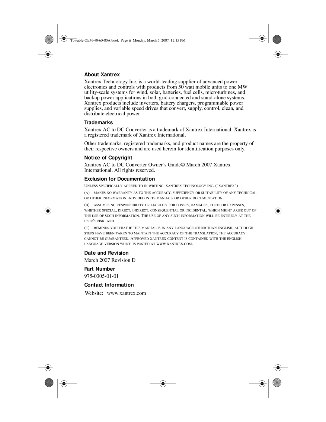 Xantrex Technology 60 A (XADC-60), 40 A (XADC-40), 80 A (XADC-80) manual Date and Revision 