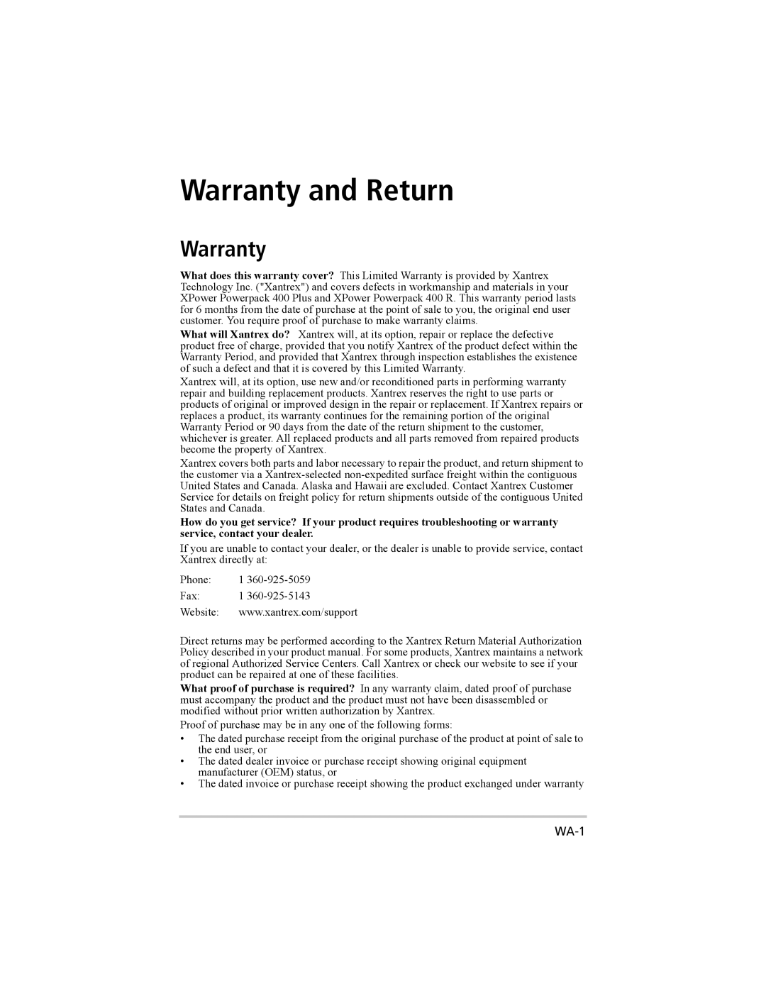 Xantrex Technology 400 Plus, 400 R manual Warranty and Return 