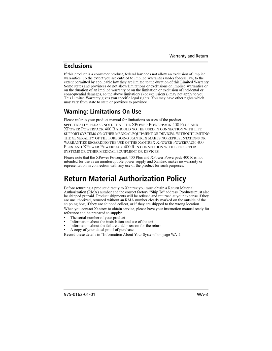 Xantrex Technology 400 Plus, 400 R manual Return Material Authorization Policy, Exclusions 