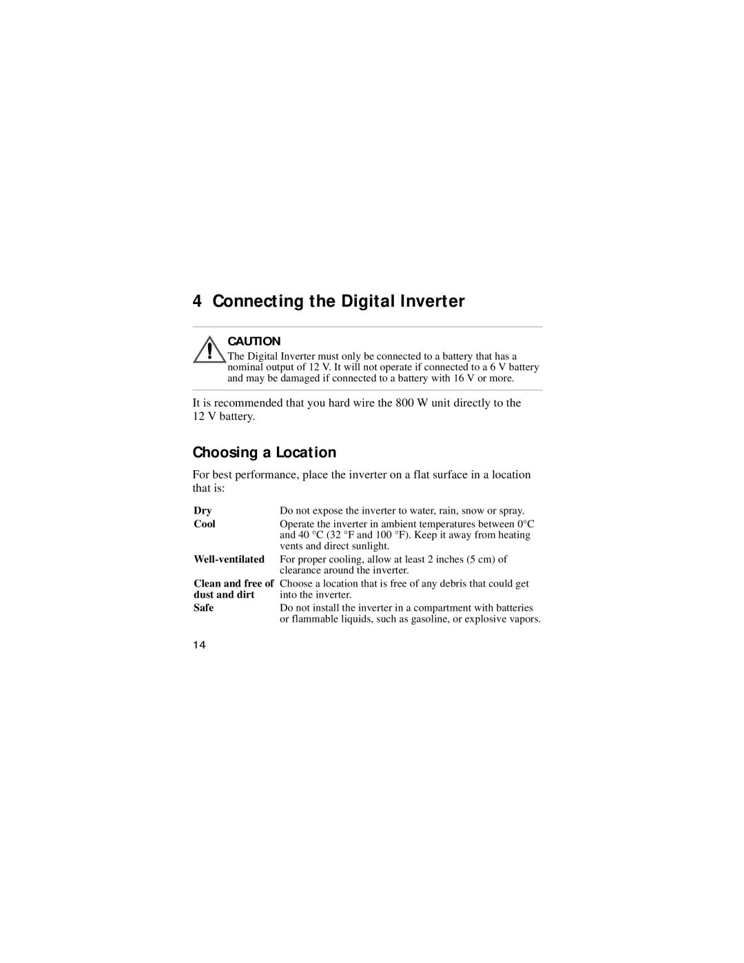 Xantrex Technology 400 W, 800 W, 200 W manual Connecting the Digital Inverter, Choosing a Location 