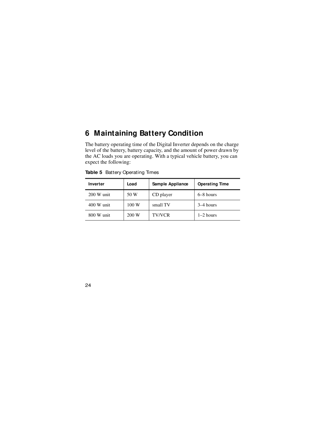 Xantrex Technology 800 W, 400 W, 200 W manual Maintaining Battery Condition, Inverter Load Sample Appliance Operating Time 