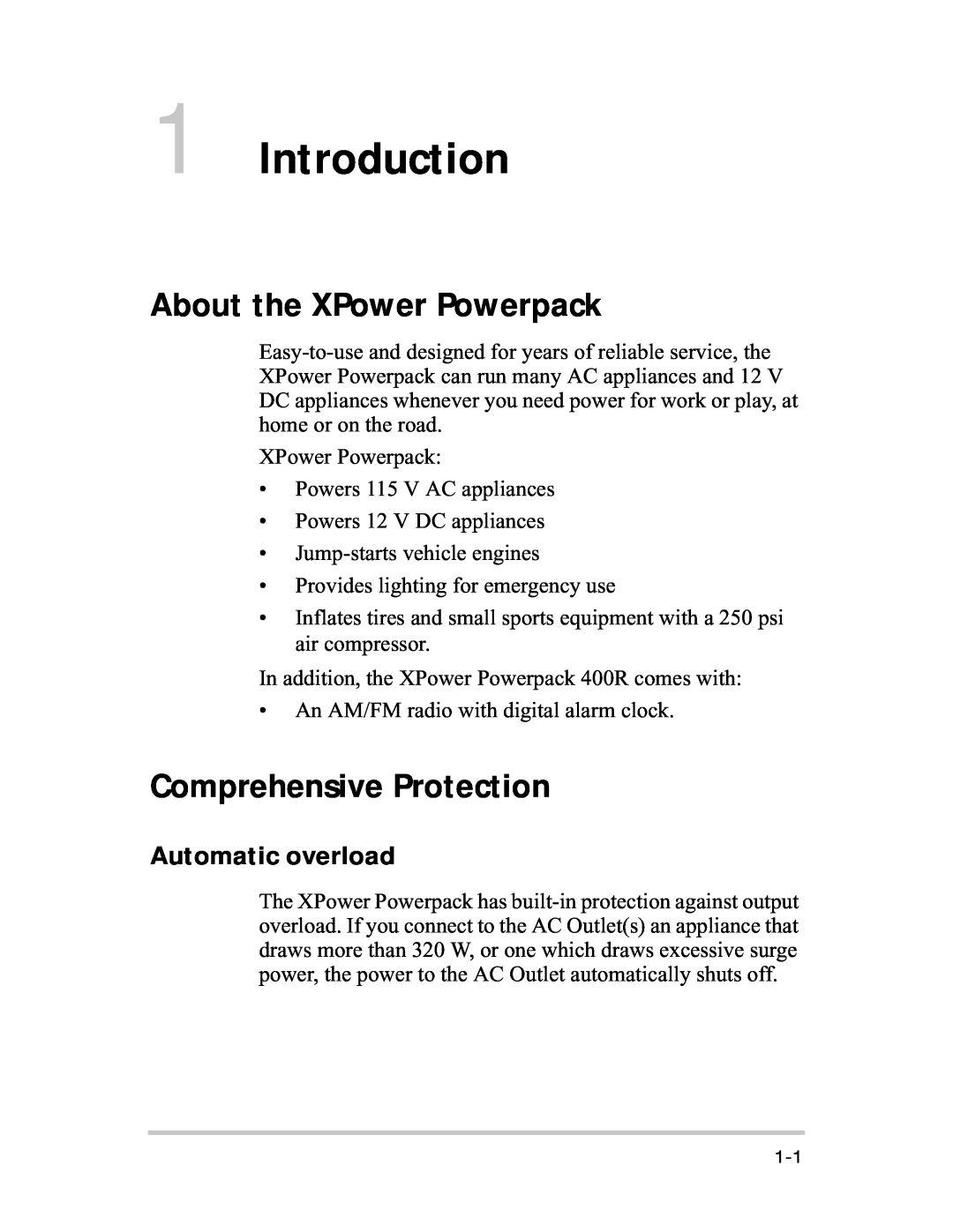 Xantrex Technology 400R manual Introduction, About the XPower Powerpack, Comprehensive Protection, Automatic overload 