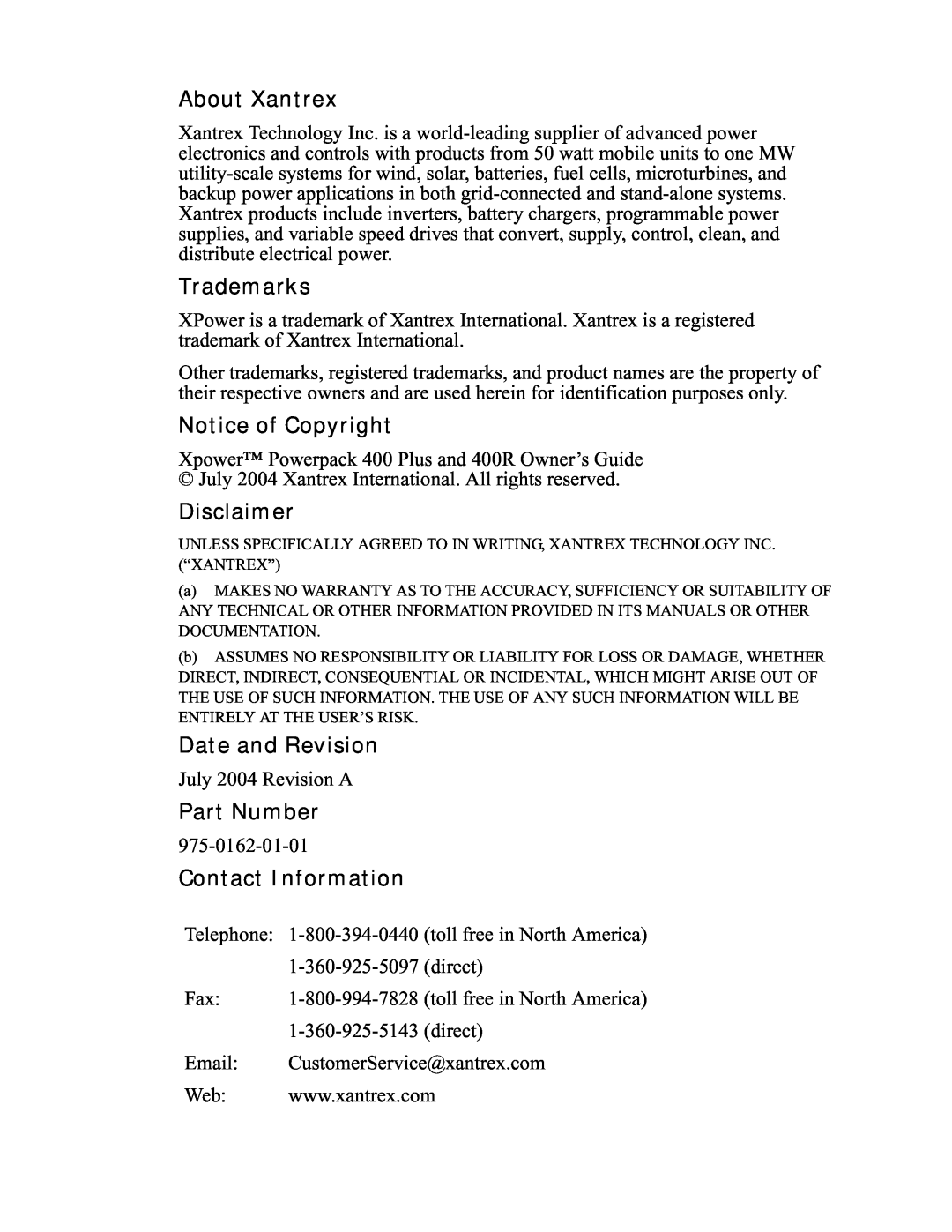 Xantrex Technology 400R manual About Xantrex, Trademarks, Notice of Copyright, Disclaimer, Date and Revision, Part Number 