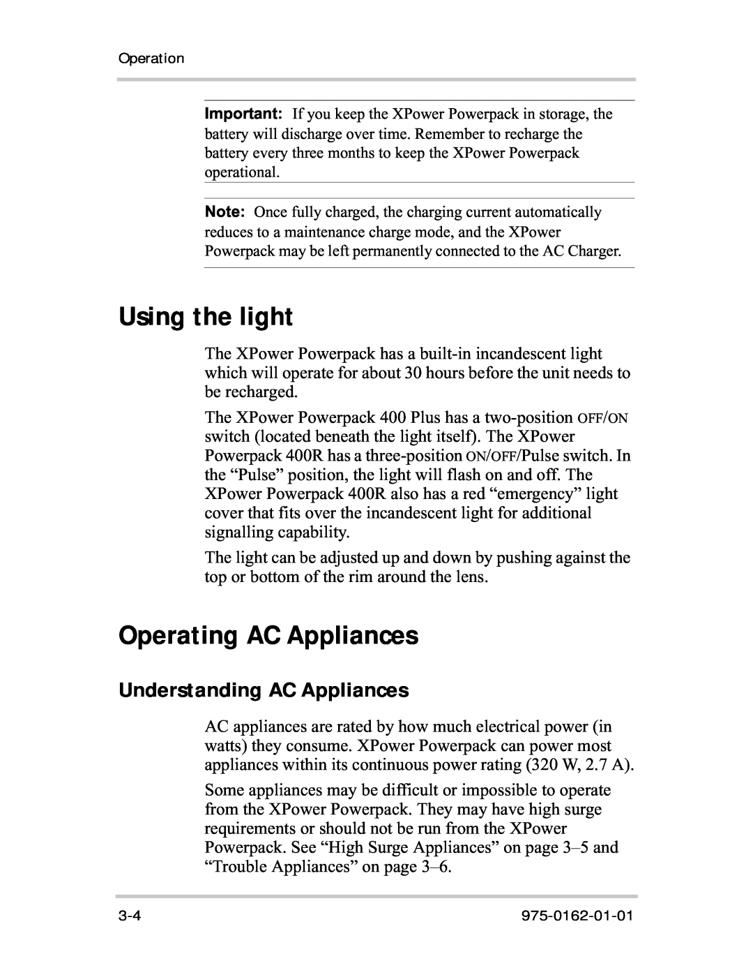 Xantrex Technology 400R manual Using the light, Operating AC Appliances, Understanding AC Appliances 