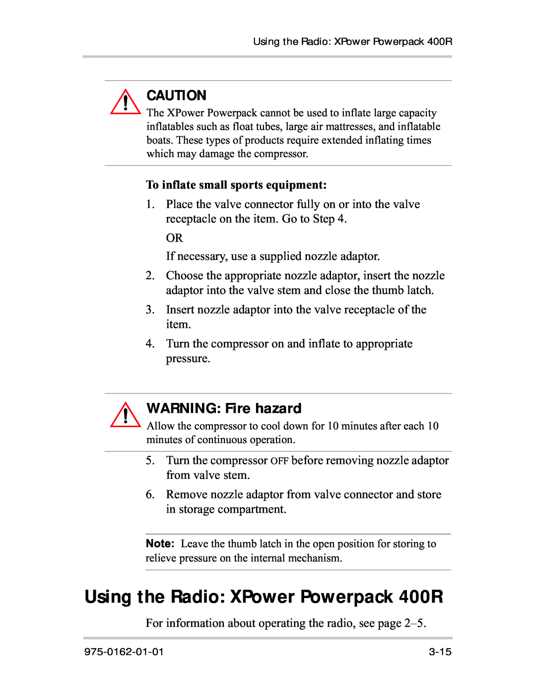 Xantrex Technology manual Using the Radio XPower Powerpack 400R, To inflate small sports equipment, WARNING Fire hazard 
