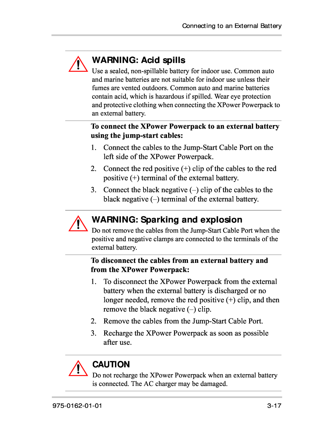 Xantrex Technology 400R manual WARNING Acid spills, WARNING Sparking and explosion 