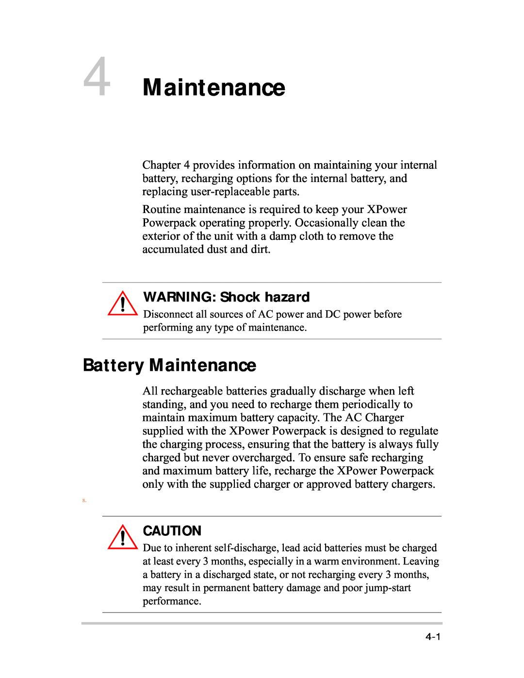 Xantrex Technology 400R manual Battery Maintenance, WARNING Shock hazard 