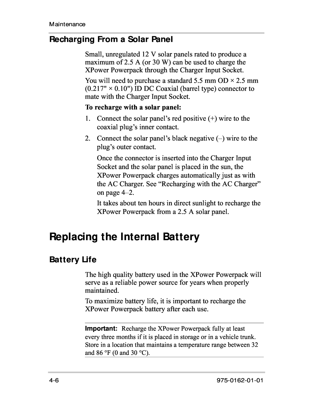 Xantrex Technology 400R manual Replacing the Internal Battery, Recharging From a Solar Panel, Battery Life 