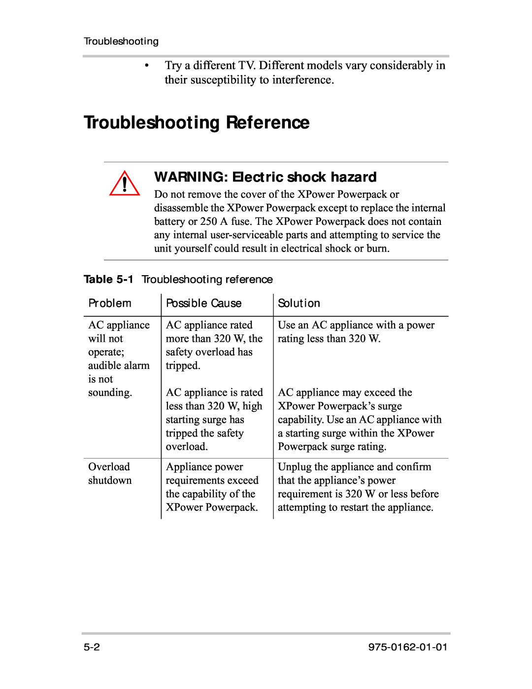 Xantrex Technology 400R Troubleshooting Reference, WARNING Electric shock hazard, 1 Troubleshooting reference, Problem 