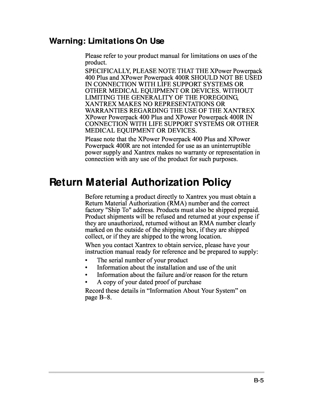Xantrex Technology 400R manual Return Material Authorization Policy, Warning Limitations On Use 