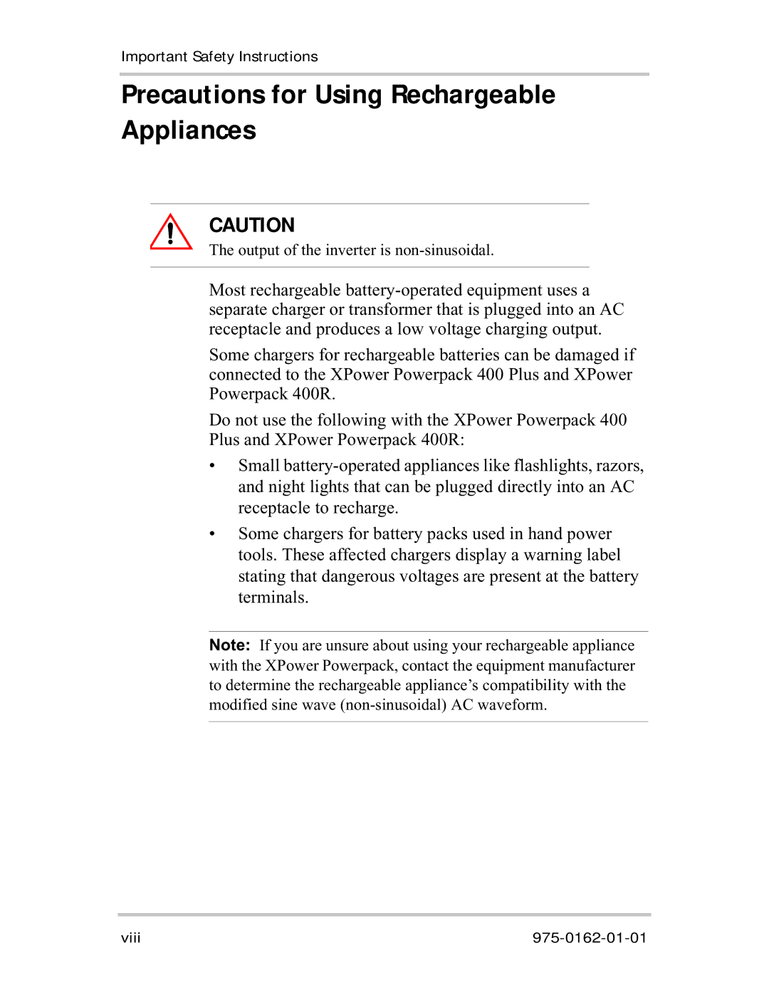 Xantrex Technology 400R manual Precautions for Using Rechargeable Appliances 