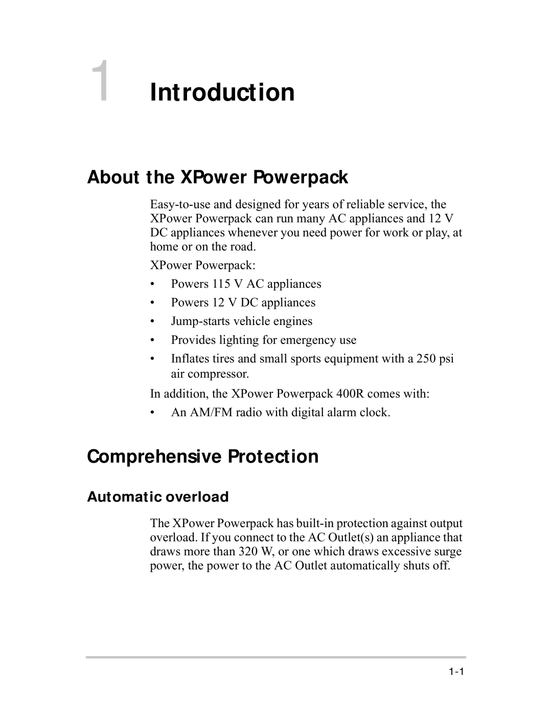 Xantrex Technology 400R manual Introduction, About the XPower Powerpack, Comprehensive Protection, Automatic overload 