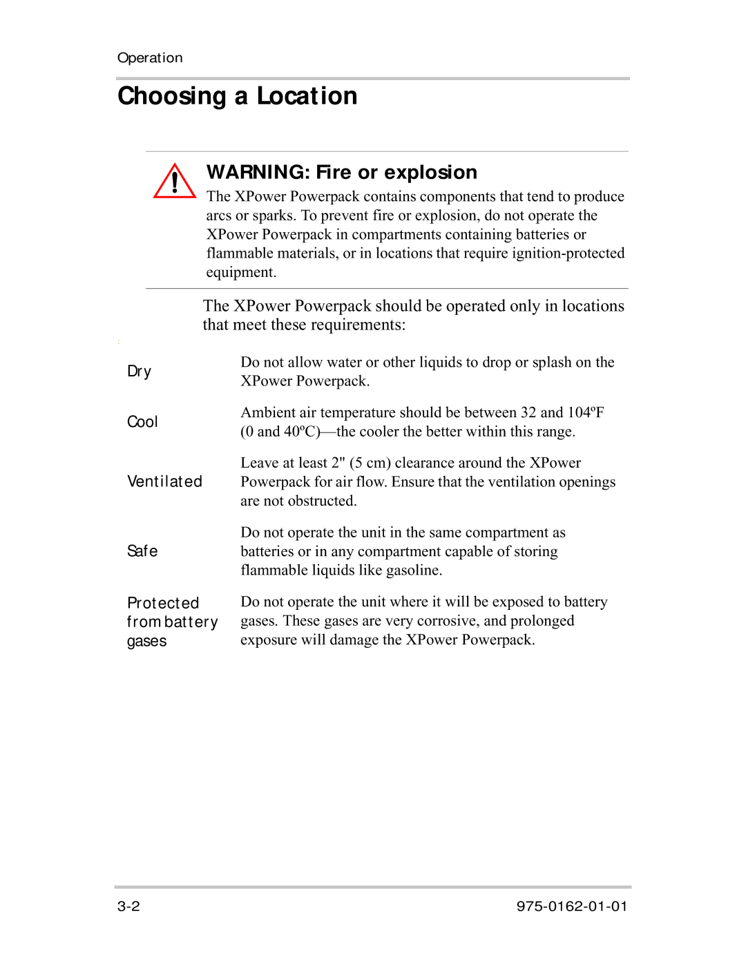 Xantrex Technology 400R manual Choosing a Location, Dry Cool Ventilated Safe Protected from battery gases 