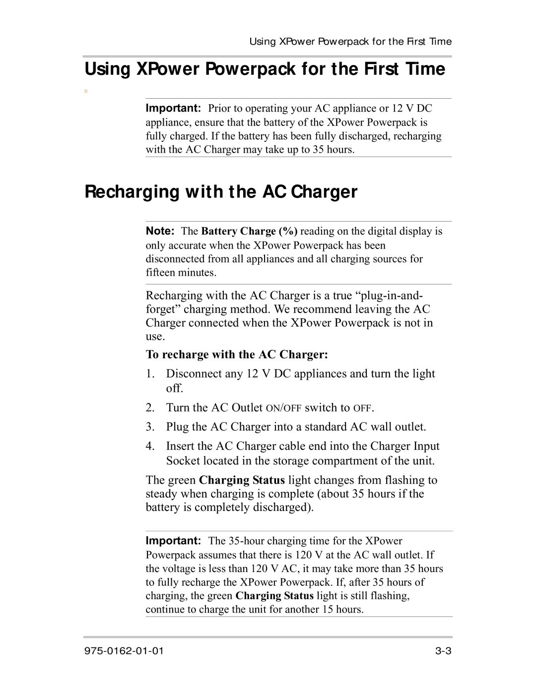 Xantrex Technology 400R manual Using XPower Powerpack for the First Time, Recharging with the AC Charger 