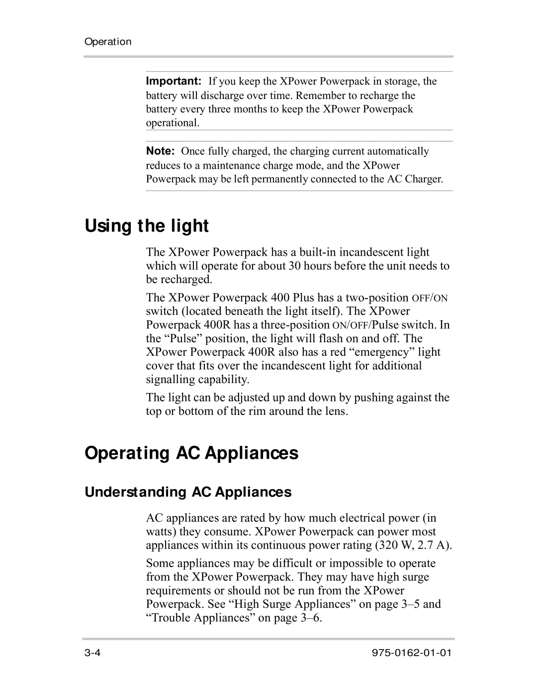 Xantrex Technology 400R manual Using the light, Operating AC Appliances, Understanding AC Appliances 